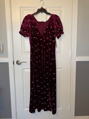 NWT Midnight Doll Velvet Puff-Sleeve Maxi Dress in Deep Burgundy Size L